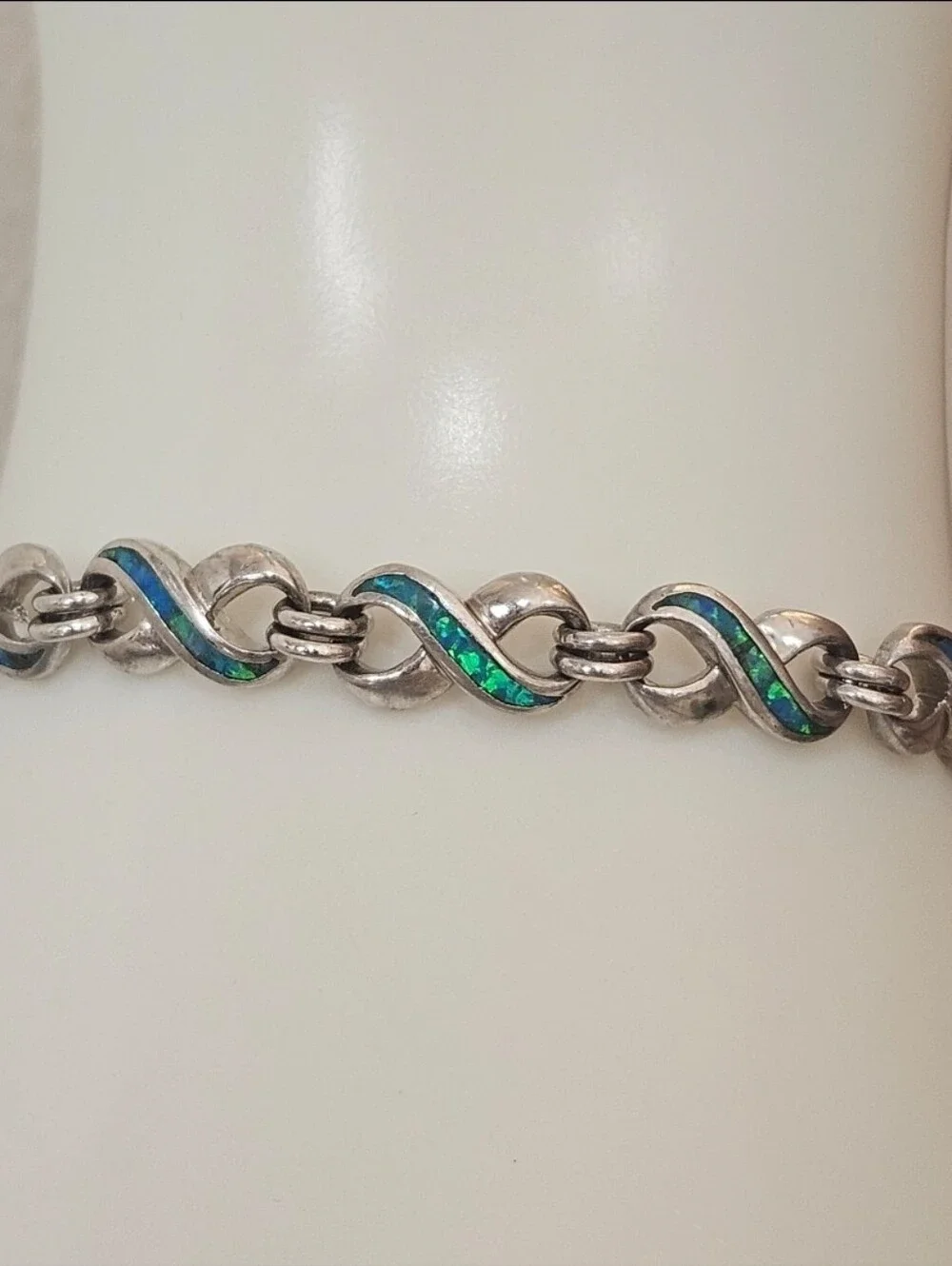 Fire Blue Opal Sterling Silver Infinity Link 925 Bracelet 7